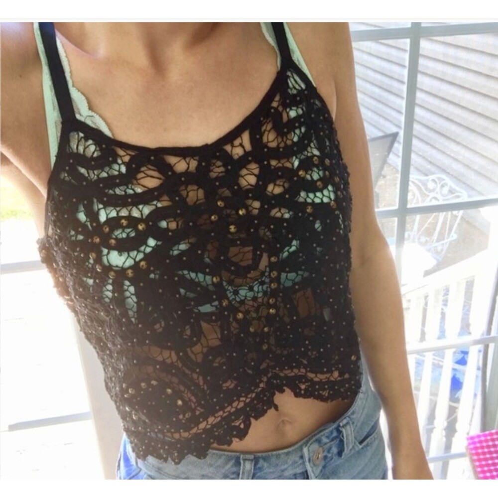 Free People Intimately Black Crochet Lace Cami Studded Tank Top Boho Festival S - Picture 3 of 15